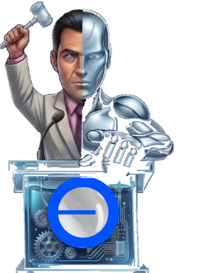 The Paygentic auctioneer — half human, half AI — raising a gavel over a glass podium.